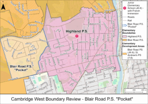 Map showing the school boundaries for Blair Road Public School and Highland Public School as part of a boundary review. The Blair Road boundary includes a smaller area labelled the 'Blair Road Pocket,' which is highlighted or outlined to indicate it is recommended for reassignment to Highland Public School.