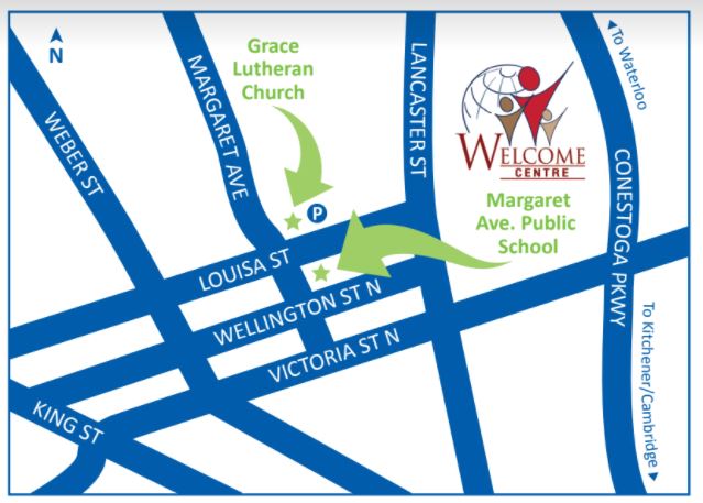 Map showing the location of the Welcome Centre on the south side of Margaret Avenue Public school, at the intersection of Wellington Street North and Margaret Avenue in Kitchener.