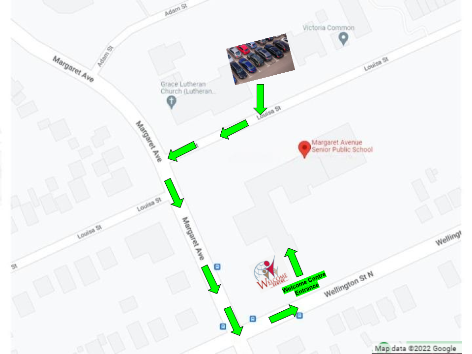 Map showing arrows to walk from the parking lot at Grace Lutheran Church to the entrance of the Welcome Centre on Wellington Street.