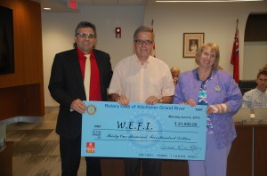Chair Ted Martin receives a cheque from Anne Brubacher & Rod Goetz from Kitchener Rotary Club.