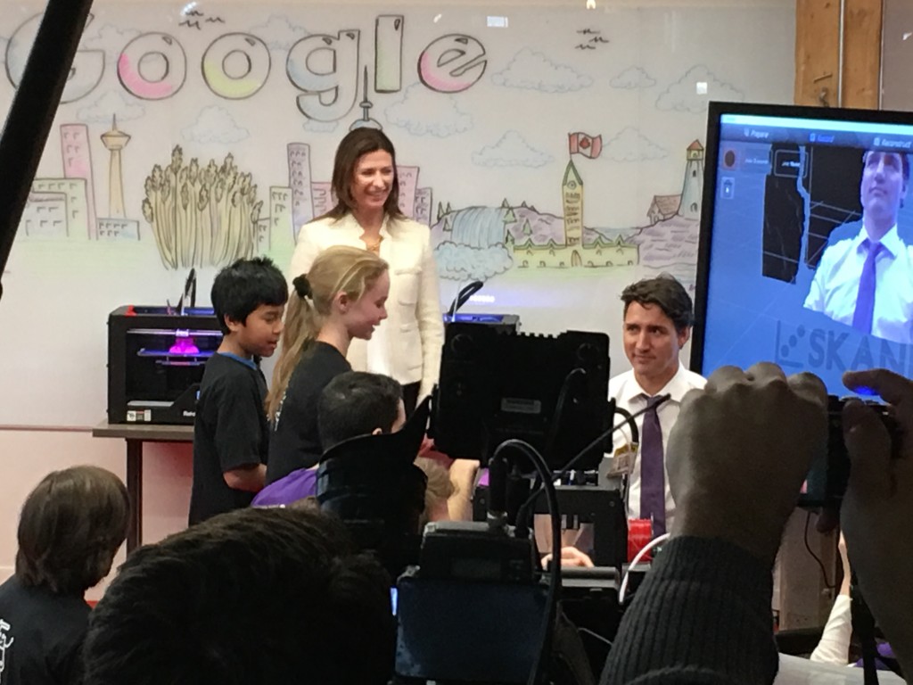 Prime Minister Justin Trudeau making a 3D selfie with Katie and Aiden.
