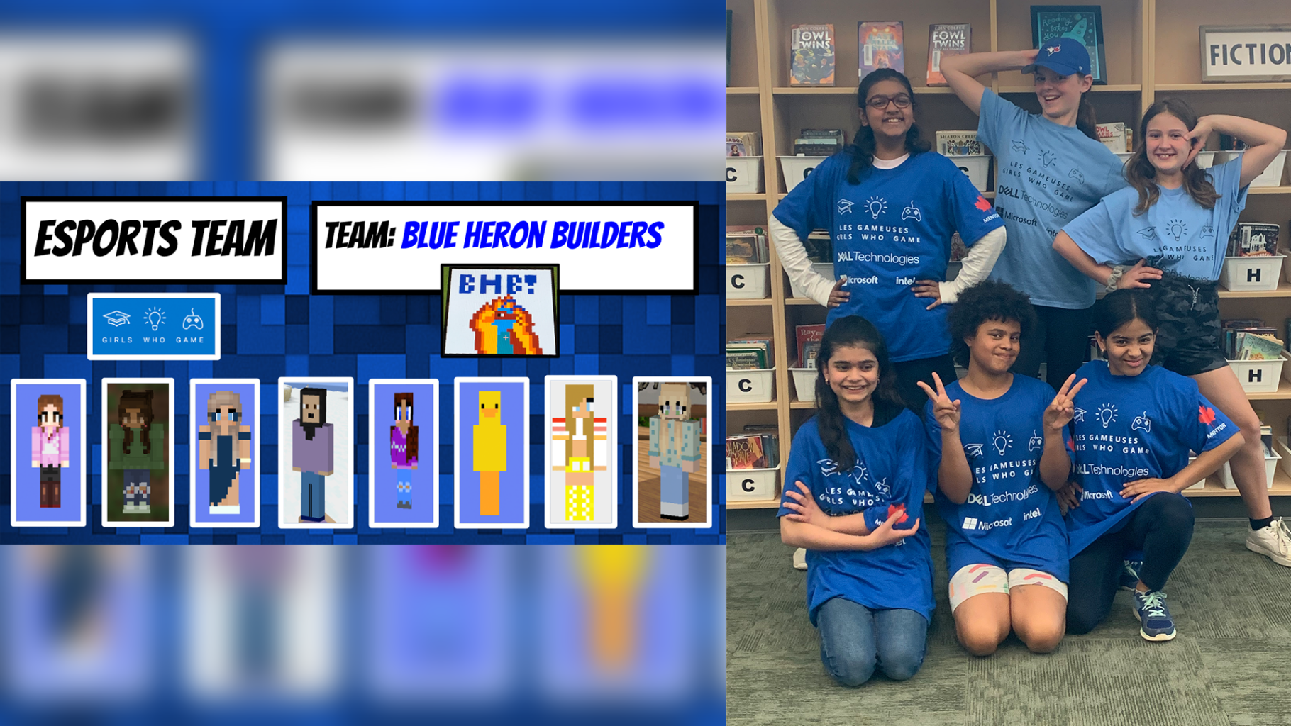 Members of the Esports Team the Blue Heron Builders pose in the library against a bookshelf.