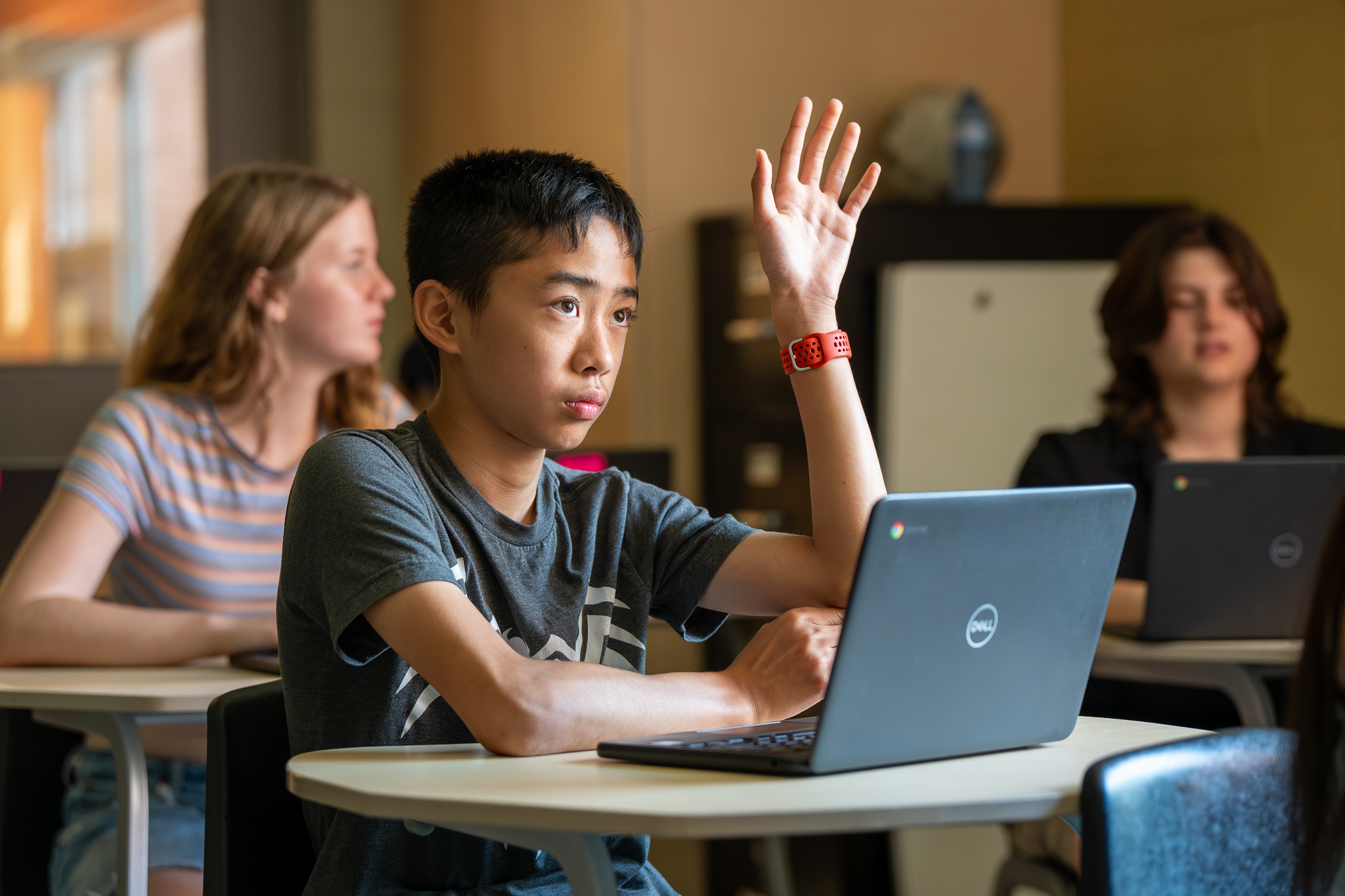 Student raising their hand answering a question
