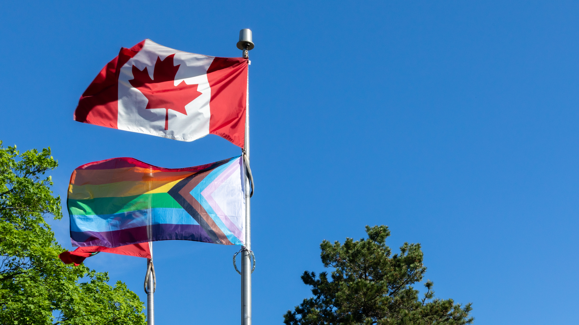 Progress Pride flag flies beneath the Canadian flag on a flag pole.