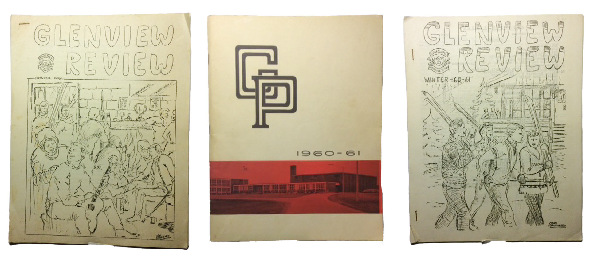A yearbook cover and two covers of the "Glenview Review" created by Michael. One Glenview Review cover features a pen illustration of people in a ski chalet. The other features students carrying skis on their shoulders.