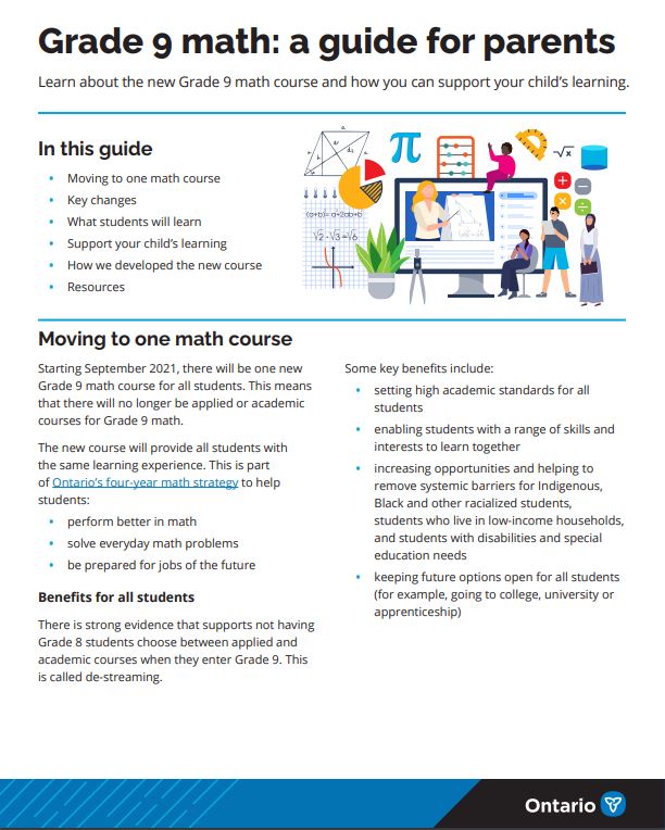 Screenshot of cover page for Grade 9 Math: A Guide for Parents Resource 
