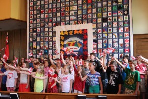 St. Jacobs PS students sing 'Canadian Flag Waver' at the opening of the Quilt & Fibre Show in St. Jacobs.