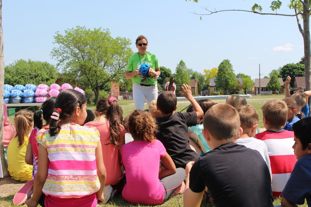 Students listening to helmet
