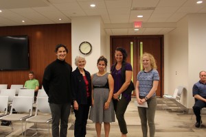 Student Trustees Mark Clubine and Hayley Birss, together with Stephanie Walker, present the 2015 Tim Walker Award to Erin Reader-Norris and Rose Kowalczyk from Elgin PS.