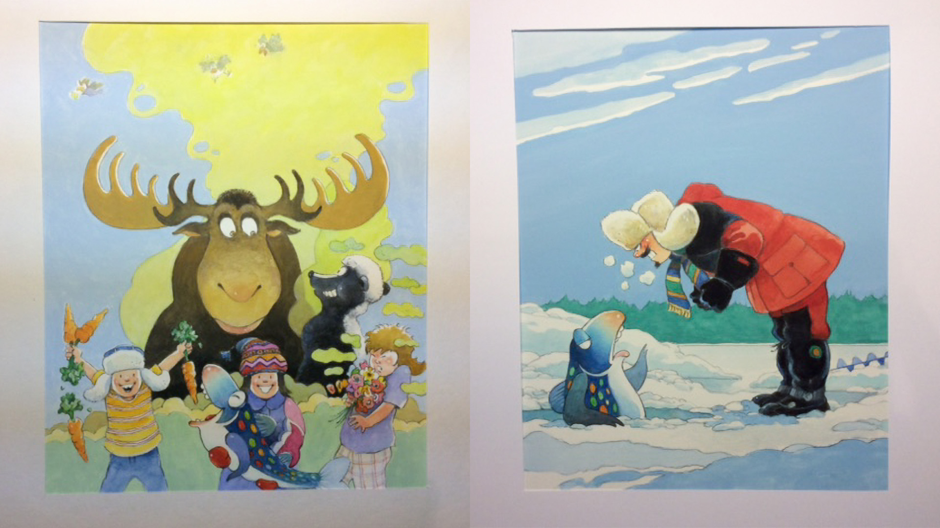 Two original illustrations by Michael, one is of a happy moose, skunk and three children. The other is of a man in a red coat talking to a fish through a hole in the ice over a frozen body of water.