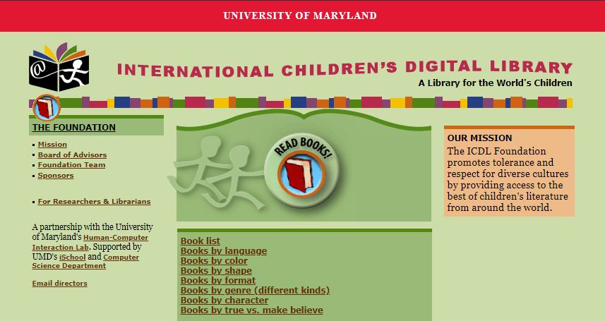 Screenshot of International Children’s Digital Library home page
