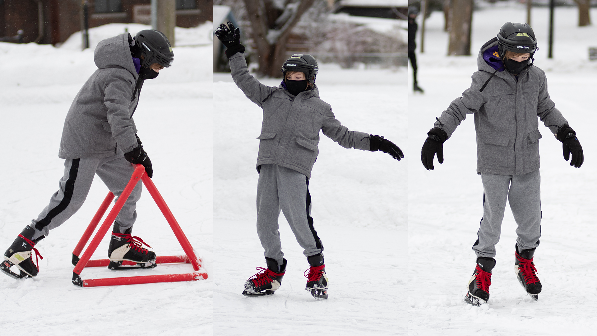 In three images, a student goes from struggling to skate, to finding their balance