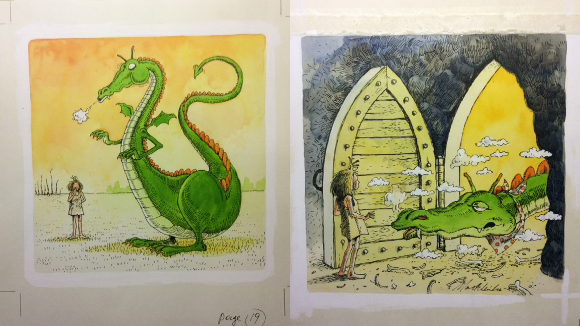 Two original illustrations showing both the paper bag princess and a large green dragon.