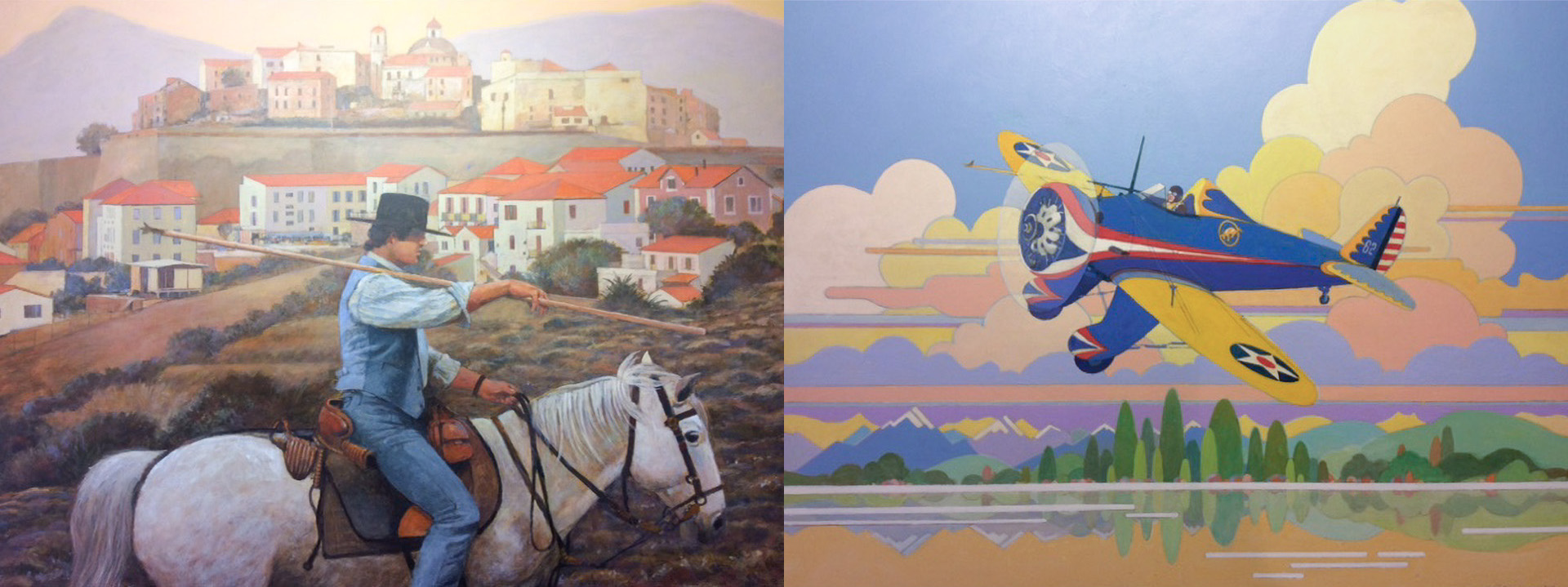 Two colourful paintings. One is of a man riding on a white horse, in front of a landscape featuring white houses with terracotta tile roofs. The other is a blue and yellow airplane flying against a cloudy sky.