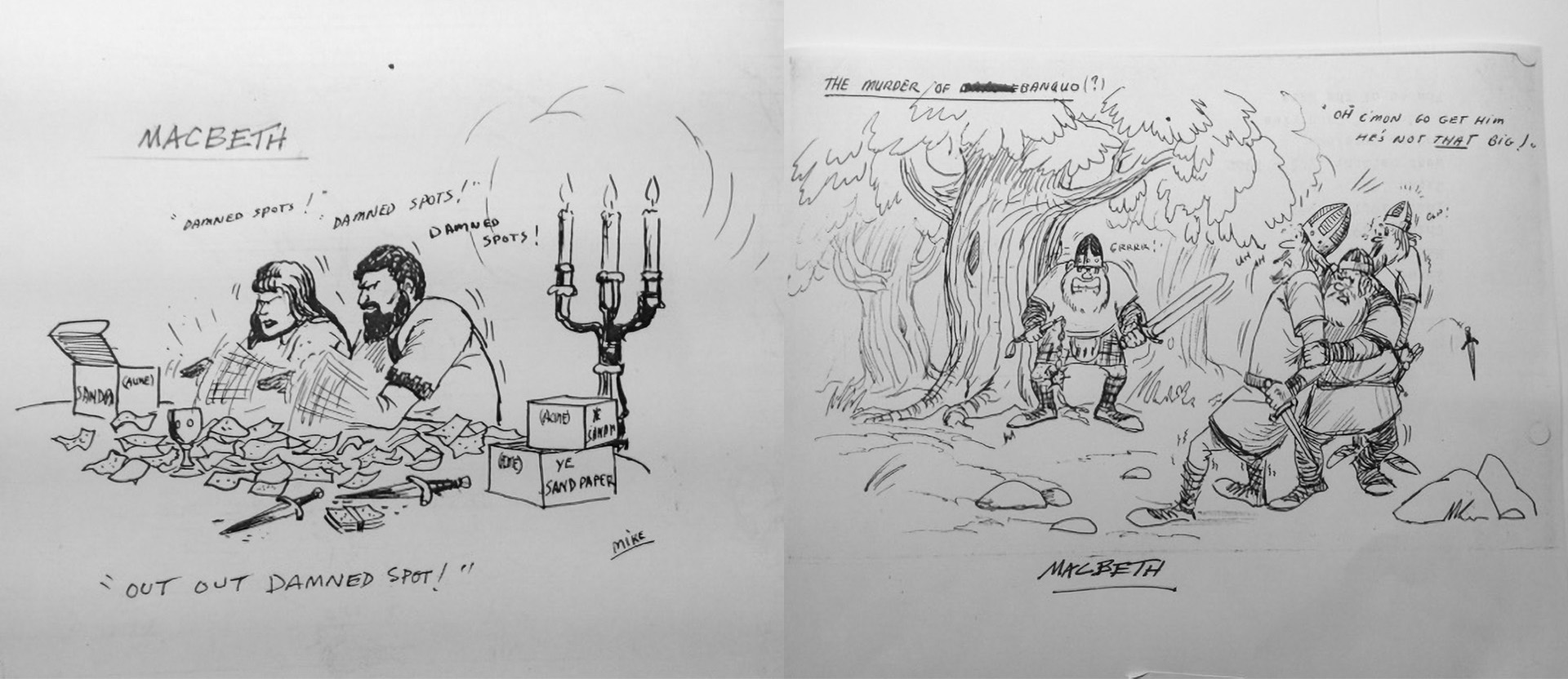 Two cartoons drawn by Michael, both focusing on Macbeth. The one on the left features two people cleaning a "damned spot" with sandpaper. The other is an illustration of Banquo.