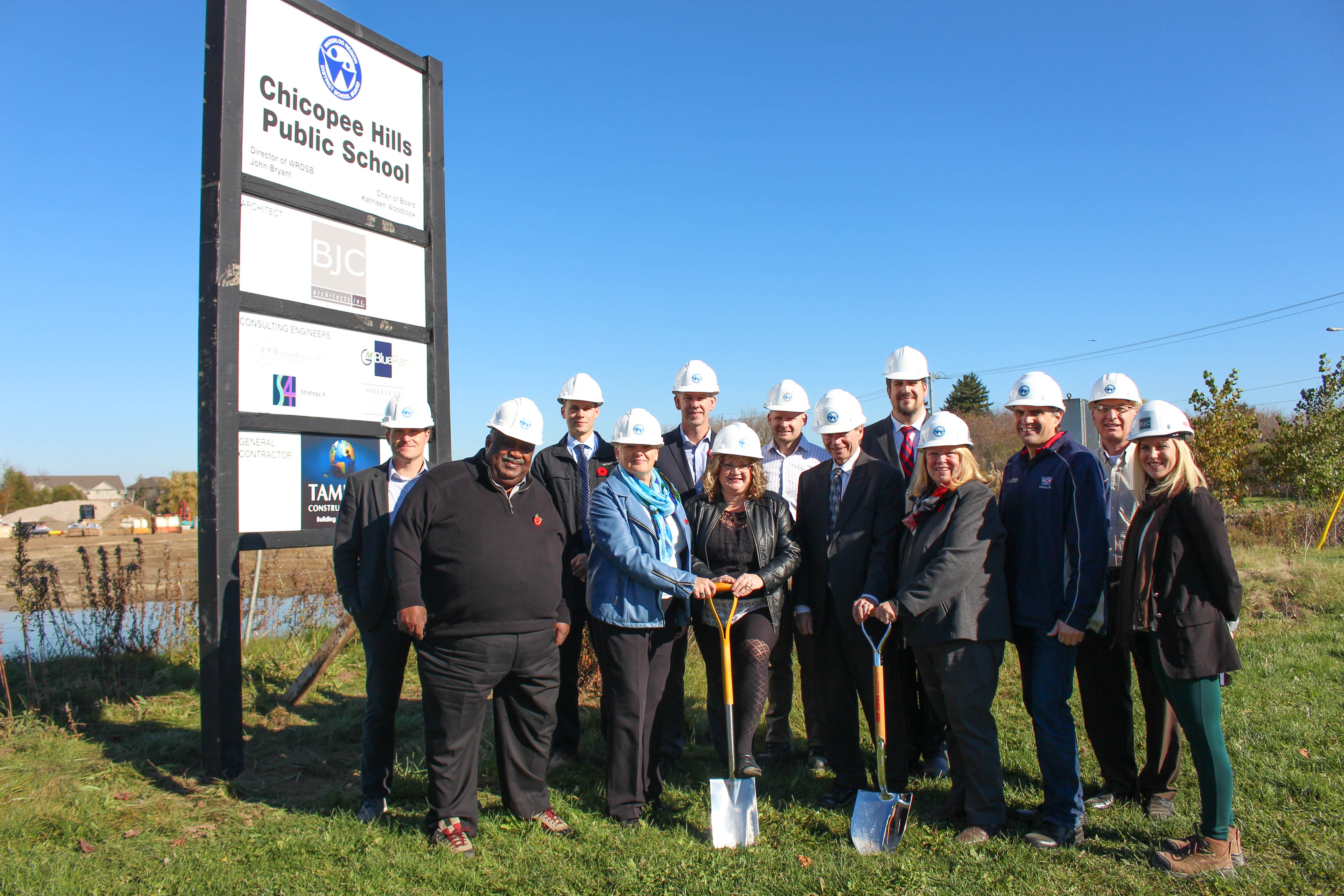 WRDSB trustees and staff turn sod at the groundbreaking ceremony at our newest elementary school site, Chicopee Hills Public School, together with BJC Architects Inc. and Tambro Construction.