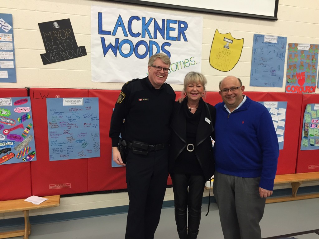 L to R: Police Chief Bryan Larkin, Lackner Woods Principal Mrs. Buller-Power, and Kitchener Mayor Berry Vrbanovic.