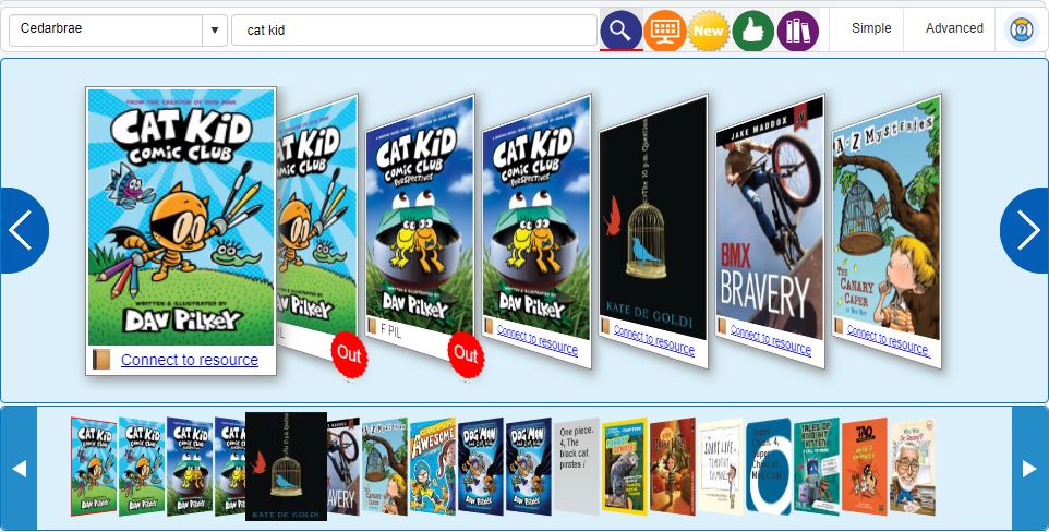 Screenshot of the “Kids” WRDSB library search result, showing the covers of Cat Kid Comic Club graphic novels.