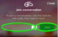 Screenshot of Microsoft translator app “join conversation” screen on a phone, with a green circle around a blank box and a green circle around a green “join” button.