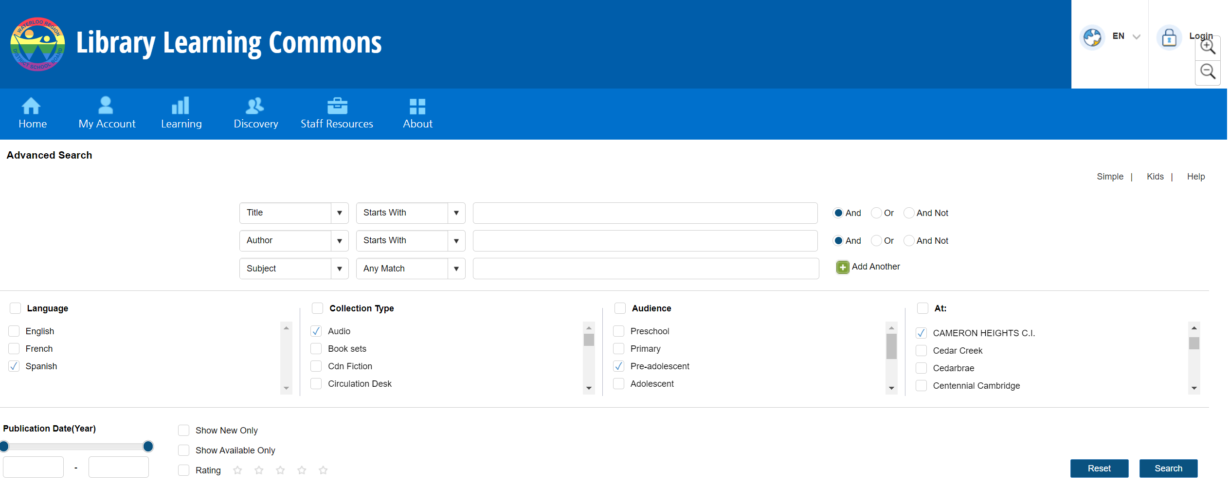 Screenshot of Library Learning Commons advanced search feature showing title, author, subject, language, collection type, audience, and location